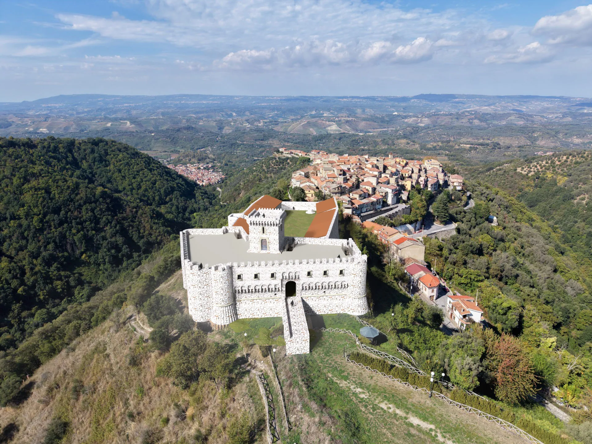 Ricostruzione 3D del castello di Arena sovrapposta alla ripresa aerea del borgo