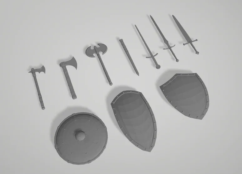 Modelli 3D di armi e scudi medievali
